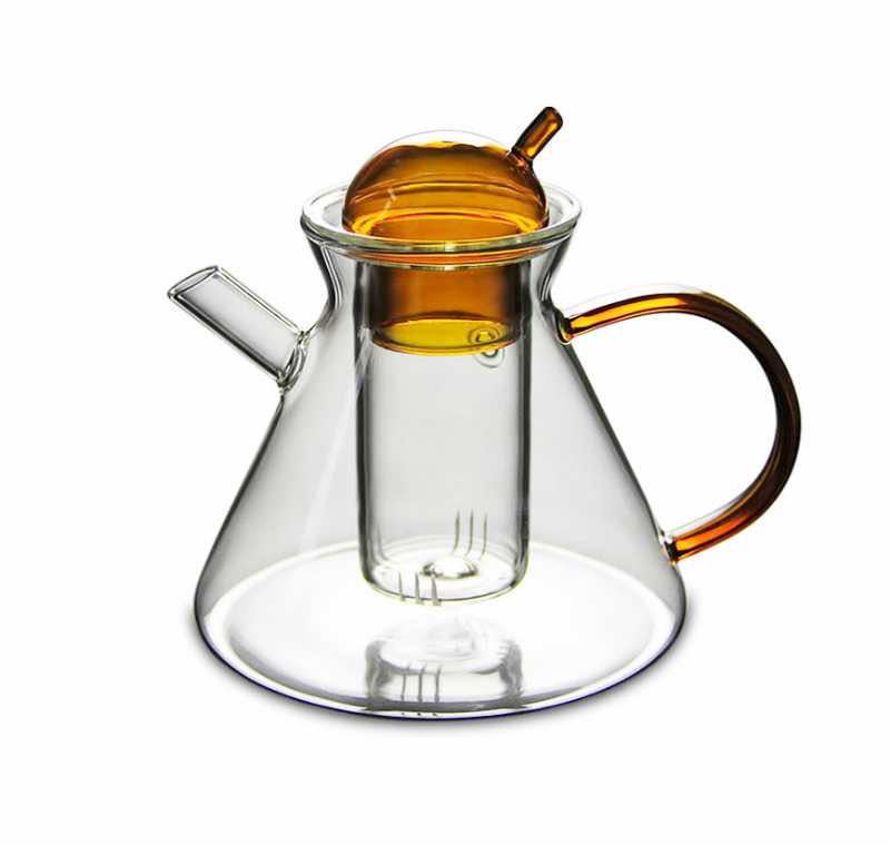 Théière rétro en couleur ambre de verre, ensemble pichet et tasse